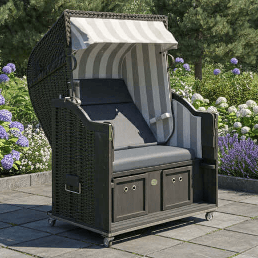 Strandkorb Sonnenpartner Modell Classic PVC anthrazit, Holz dunkelgrau lasiert, Dessin Folie grau weiss anthrazit 830-210