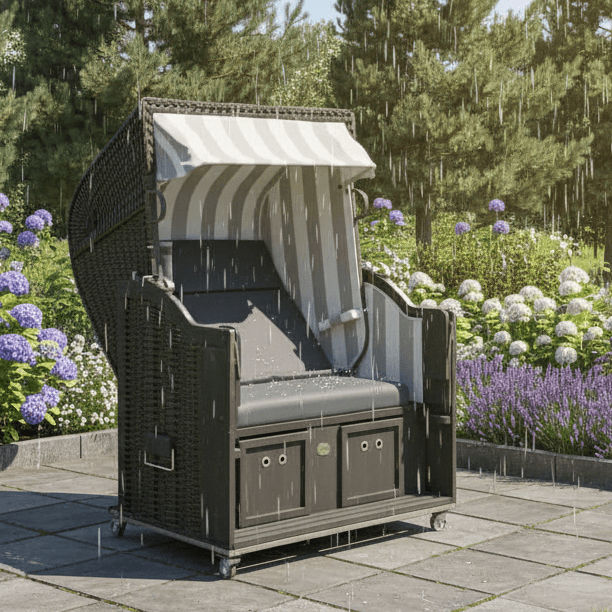 Strandkorb in einem Garten mit Blumen, stilvoll und wettergeschützt mit einem Sonnen-Partner Modell Classic.