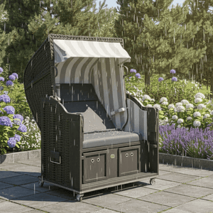 Strandkorb in einem Garten mit Blumen, stilvoll und wettergeschützt mit einem Sonnen-Partner Modell Classic.