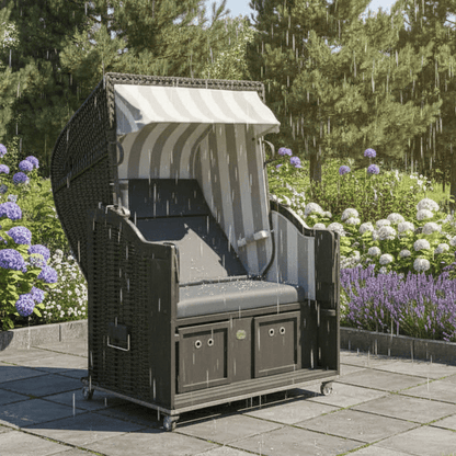 Strandkorb in einem Garten mit Blumen, stilvoll und wettergeschützt mit einem Sonnen-Partner Modell Classic.