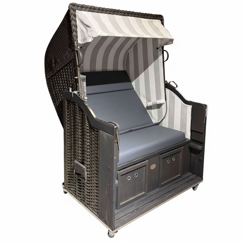 Strandkorb Sonnenpartner Modell Classic PVC anthrazit, Holz dunkelgrau lasiert, Dessin Folie grau weiss anthrazit 830-210