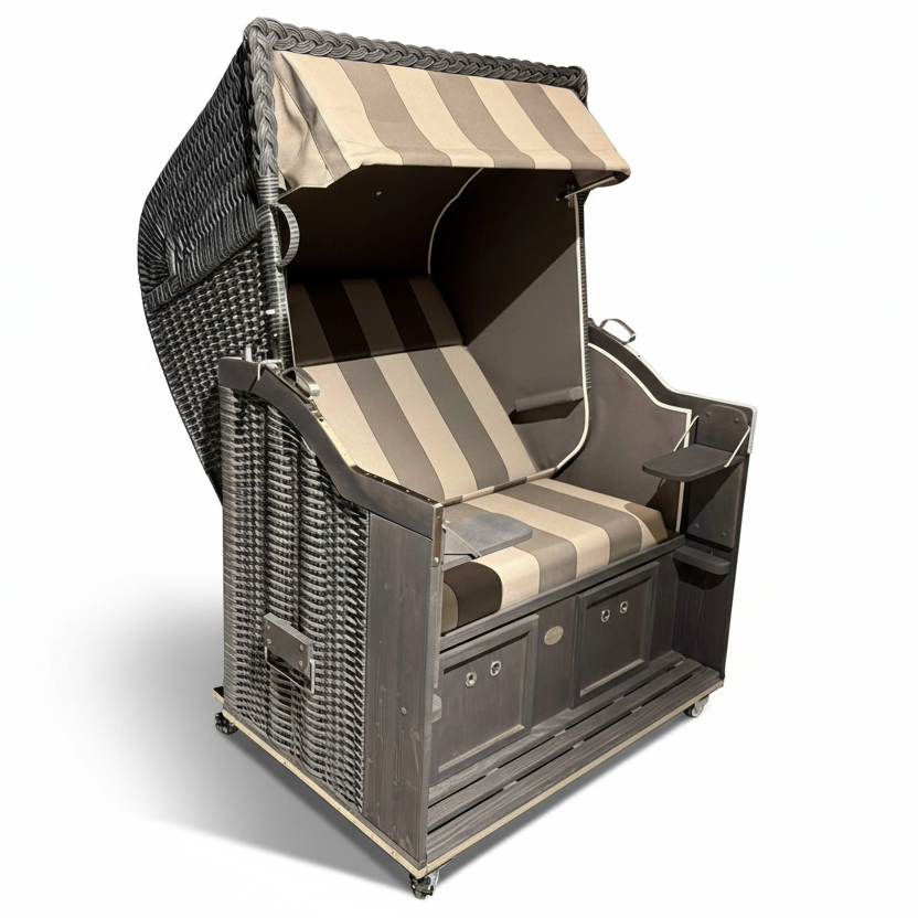 Strandkorb Sonnenpartner Classic in Grau mit PE-Geflecht onix und grau gestreiftem Dessin 59 727, seitliche Ablagen und Stauraum