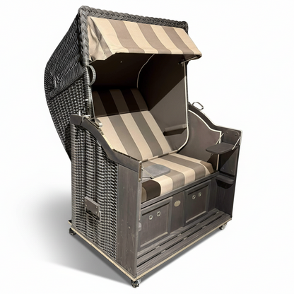 Strandkorb Sonnenpartner Classic in Grau mit PE-Geflecht onix und grau gestreiftem Dessin 59 727, seitliche Ablagen und Stauraum