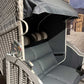 Strandkorb Sonnenpartner Modell Classic PE-Geflecht taupe mit Charcoal Deluxe grau Kissen.