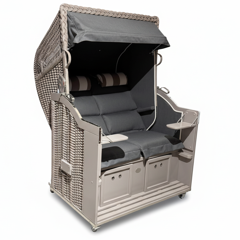 Strandkorb Sonnenpartner Classic taupe mit PE-Geflecht und Dessin Charcoal Deluxe grau 9839 für zwei Personen