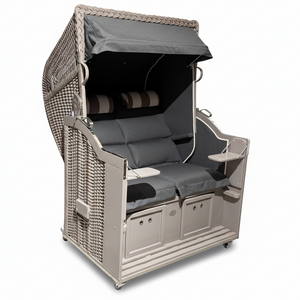 Strandkorb Sonnenpartner Classic taupe mit PE-Geflecht und Dessin Charcoal Deluxe grau 9839 für zwei Personen