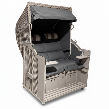 Strandkorb Sonnenpartner Classic taupe mit PE-Geflecht und Dessin Charcoal Deluxe grau 9839 für zwei Personen