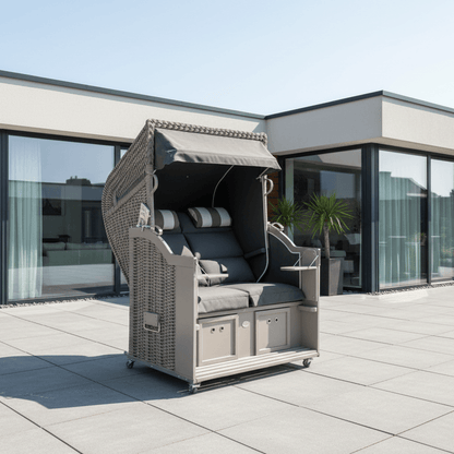 Strandkorb Sonnenpartner Modell Classic PE-Geflecht taupe mit grauem Kissen auf einer modernen Terrasse.