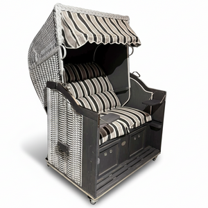 Strandkorb Sonnenpartner Classic PE-Geflecht white washed grau, Dessin Filo Tomba 720 grau schwarz, 2-Sitzer mit Komfortausstattung