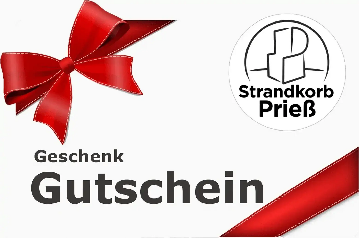 Geschenk Gutschein für Strandkörbe mit rotem Geschenkband und Logo von Strandkorb Prieß.