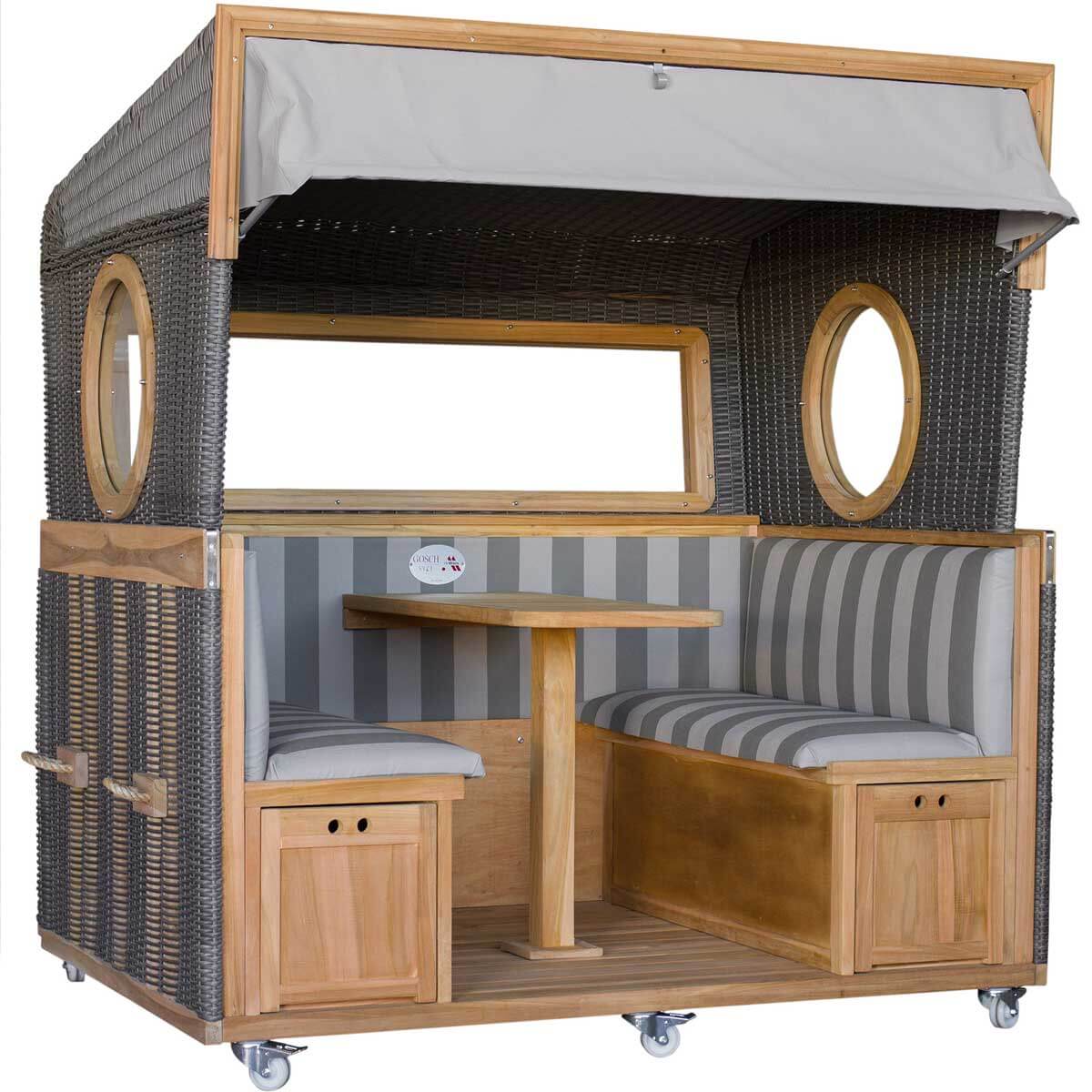 Gosch Lounge Strandkorb 6-Sitzer in Grau Anthrazit mit Geflecht grey und Teakwood natural, gemütliche Sitzgruppe mit Tisch
