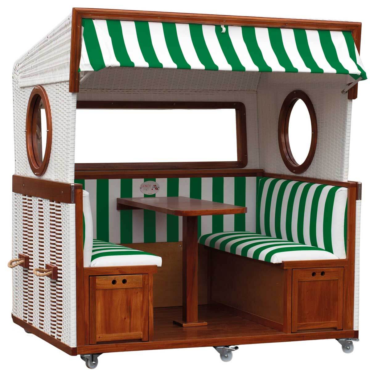 Gosch Lounge Strandkorb 6-Sitzer in grün-weiß mit Mahagoniholz, perfekt für entspanntes Strandvergnügen.