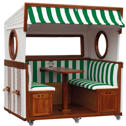 Gosch Lounge Strandkorb 6-Sitzer in grün-weiß mit Mahagoniholz, perfekt für entspanntes Strandvergnügen.