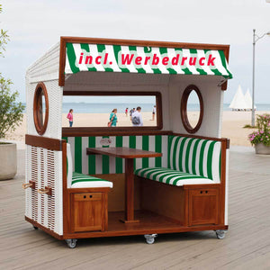 Gosch Lounge mit Ihrem Werbeaufdruck - Strandkorb 6-Sitzer Geflecht weiss, Mahagoni, Dessin in 4 Kunststofffolie