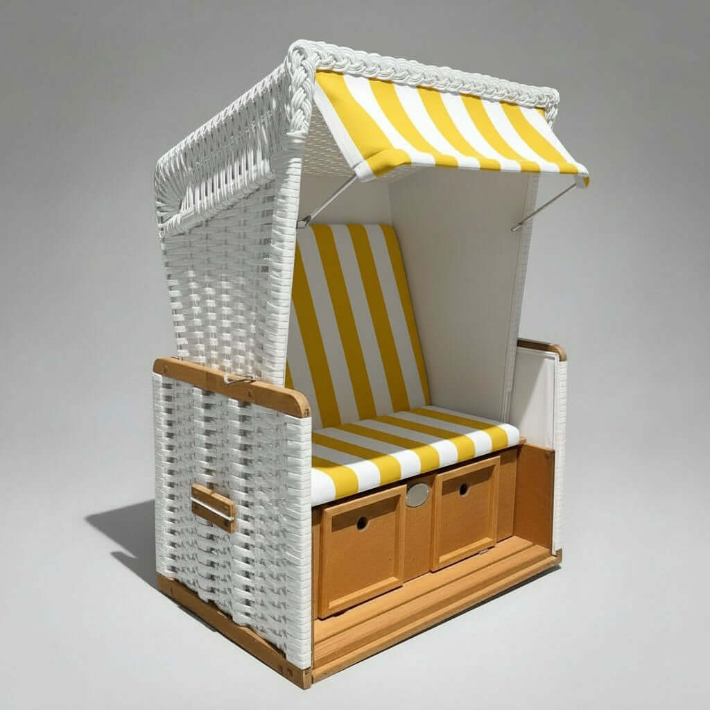 Mini-Strandkorb aus weißem Kunststoffgeflecht mit gelb-weißem Dessin 60 und Staufach – Kinder Strandkorb für Garten oder Terrasse