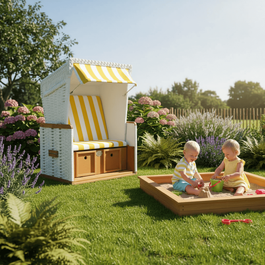 Mini-Strandkorb aus Kunststoffgeflecht in Weiß mit gelb-weißen Streifen neben spielenden Kindern im Garten Strandkorb