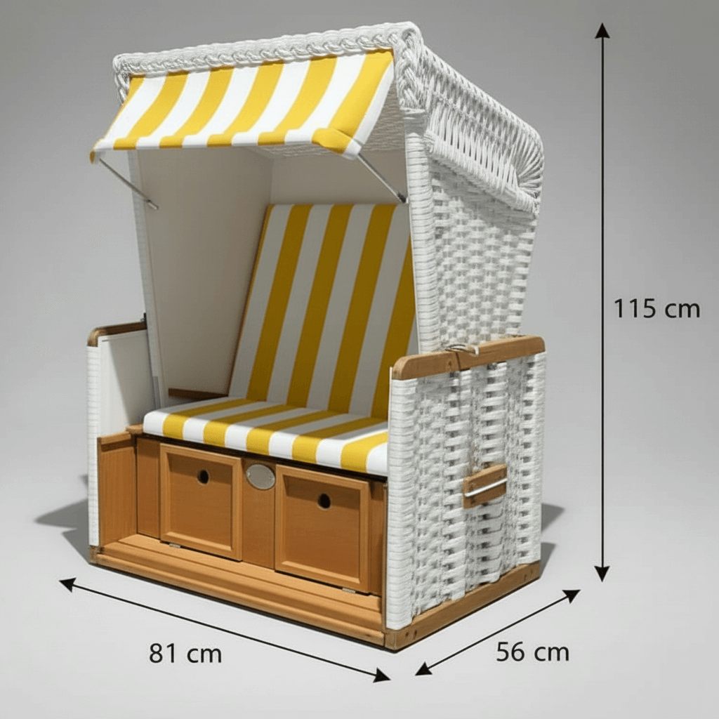 Mini-Strandkorb aus weißem Kunststoffgeflecht mit gelb-weißem Dessin 60, Kinder-Strandkorb mit Stauraum und Maßen, idealer Strandkorb für Kids
