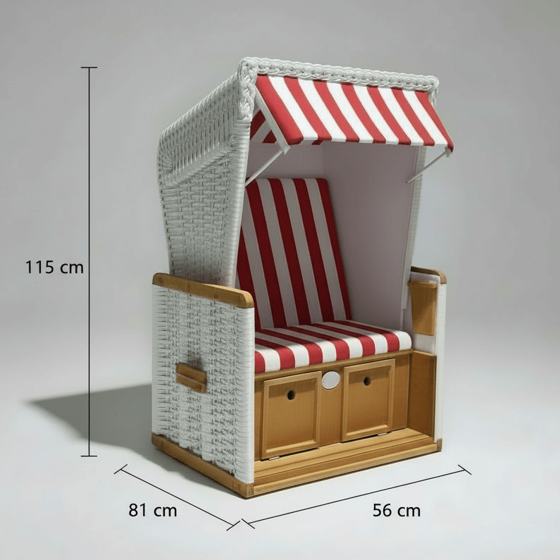 Mini-Strandkorb aus Kunststoffgeflecht weiß mit rot-weißen Streifen, Strandkorb für Kinder mit Staufach und Maßen 115x81x56 cm