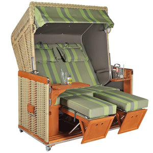 Strandkorb Konsul 2XL-Sitzer mit grün gestreiften Polstern und PE-Geflecht in Seegrasoptik, ideal für entspannte Stunden.