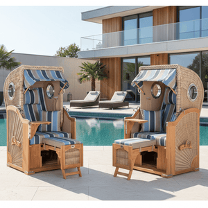 Strandkorb Mr. Deko Düne Bullaugen Teak PE-grey 1-Sitzer blau gestreift auf moderner Poolterrasse vor Designhaus