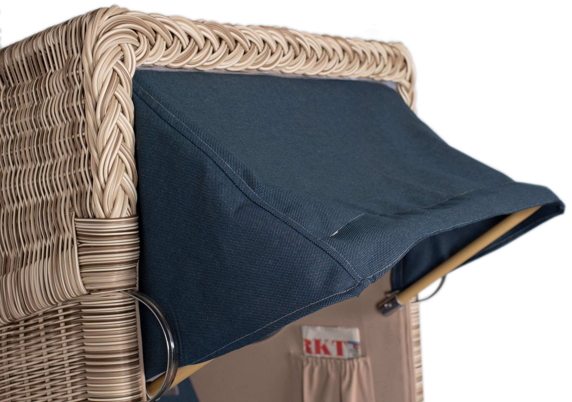 Strandkorb Mr. Deko Düne Bullaugen Teak PE-shell 1-Sitzer mit dunkelblauer Markise und robustem Geflecht in shell