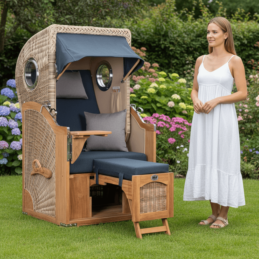 Strandkorb Mr. Deko Düne Bullaugen Teak PE-shell 1-Sitzer blau auf Gartenrasen mit Frau in weißem Sommerkleid daneben