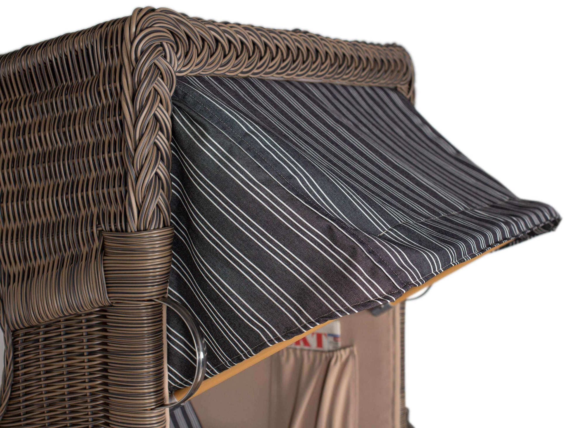 Strandkorb Mr. Deko Düne Bullaugen Teak PE-grey 1-Sitzer mit schwarzem Nadelstreifen-Markisentuch