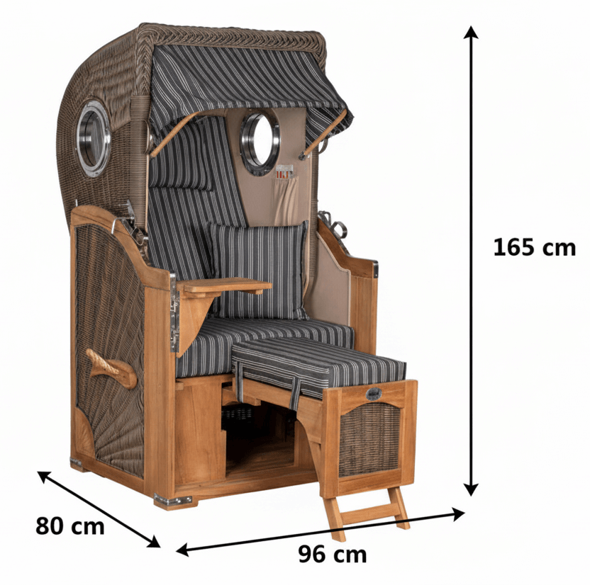 Strandkorb Mr. Deko Düne Bullaugen Teak PE-grey 1-Sitzer, Maße 165 x 96 x 80 cm, maritimer Premium Einsitzer für kleine Terrassen