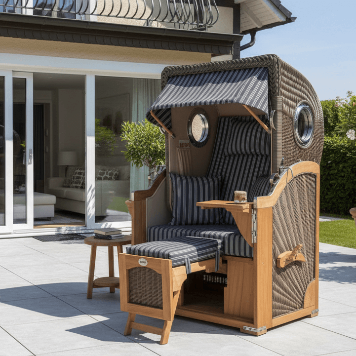 Strandkorb Mr. Deko Düne Bullaugen Teak PE-grey 1-Sitzer Dessin 500 auf moderner Terrasse vor Haus