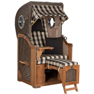 Strandkorb Düne Bullaugen Teak PE-grey 1-Sitzer mit grau weißen Karos, maritimer Strandkorb für kleine Terrassen
