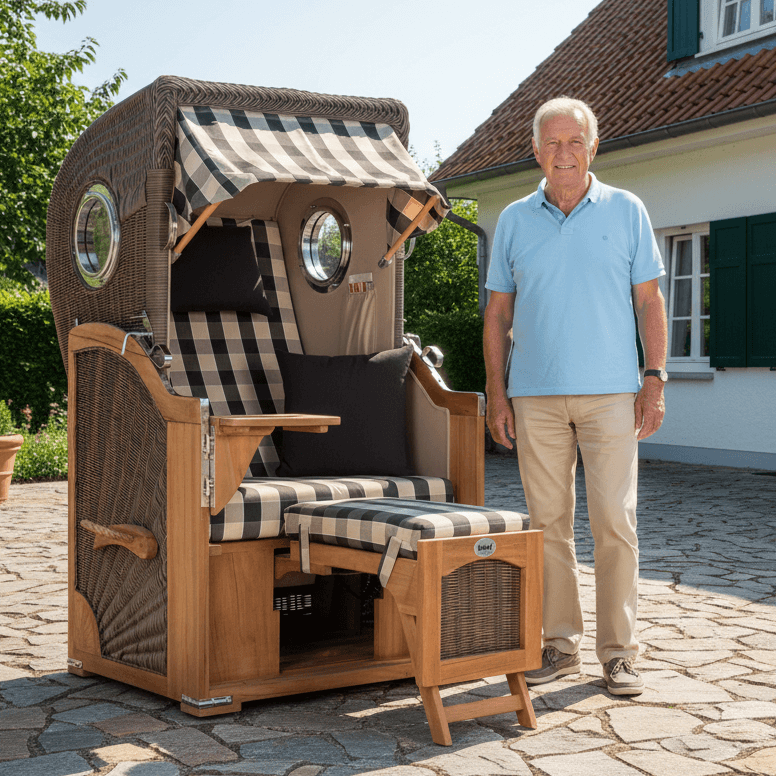 Strandkorb Mr. Deko Düne Bullaugen Teak PE-grey 1-Sitzer Dessin 505 grau weiss kariert auf Terrasse vor Haus