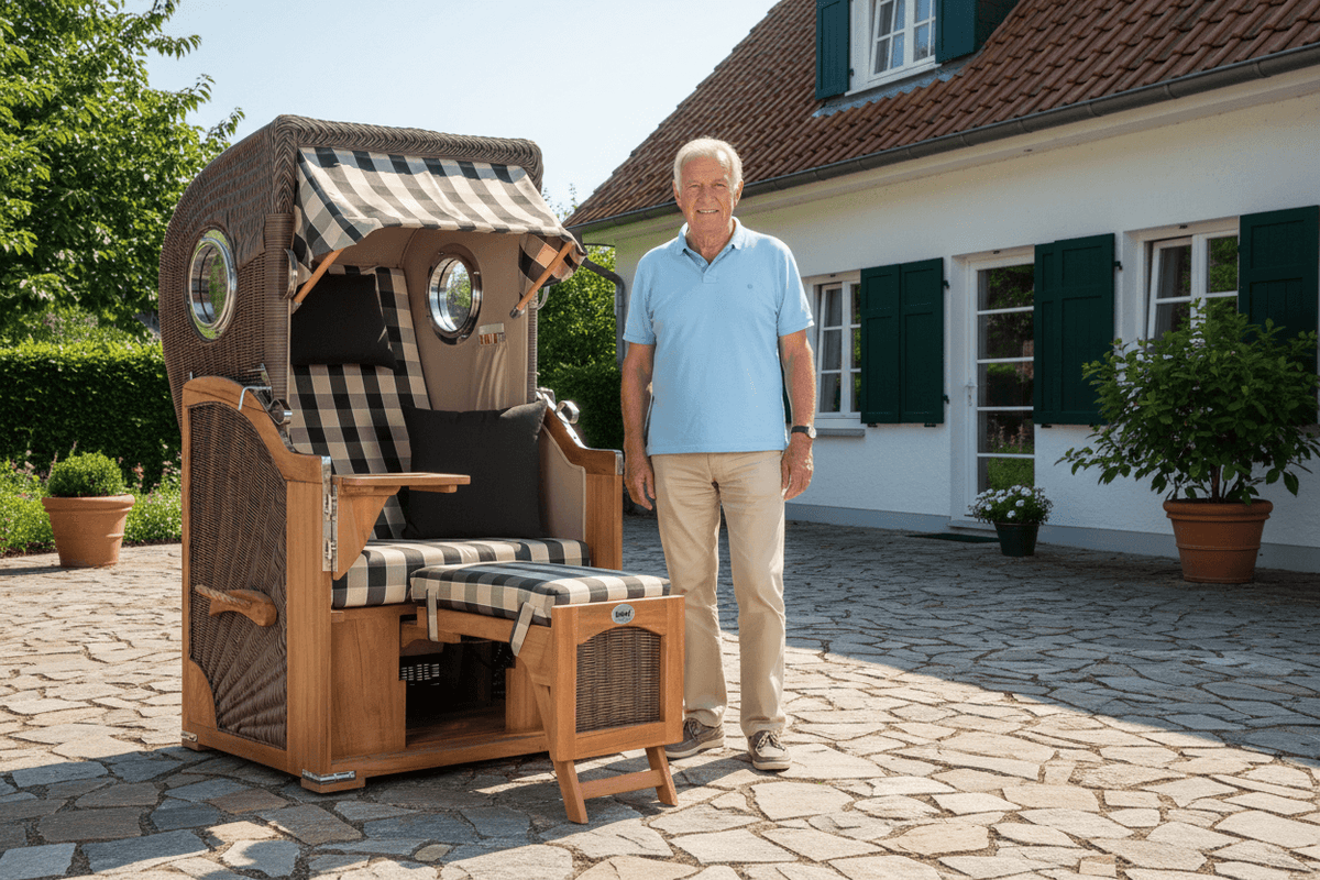 Strandkorb Mr. Deko Düne Bullaugen Teak PE-grey 1-Sitzer grau weiß kariert im Garten vor Haus mit Mann daneben