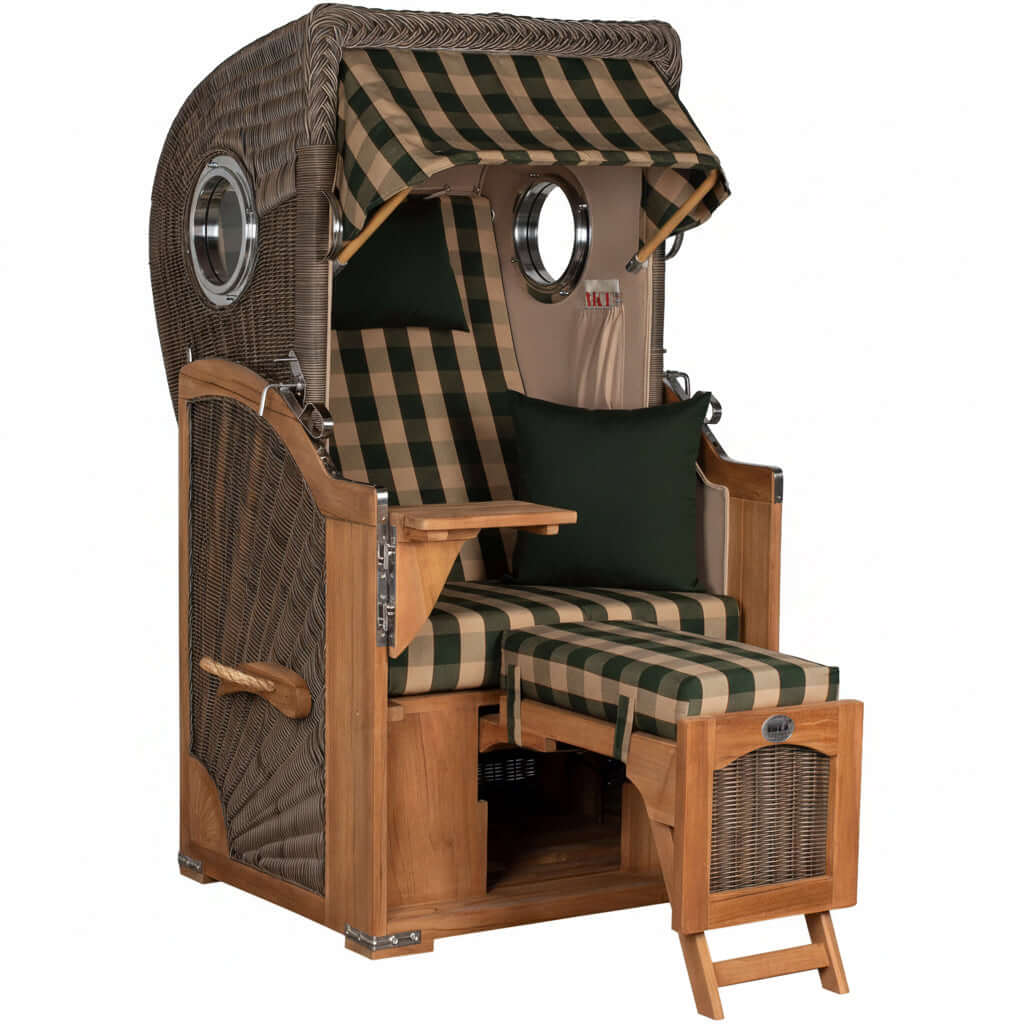 Strandkorb Mr. Deko Düne Bullaugen Teak PE-grey 1-Sitzer mit grün beige kariertem Dessin 506 für Terrasse und Balkon
