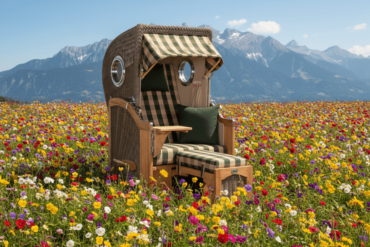 Strandkorb Mr. Deko Düne Bullaugen Teak PE-grey 1-Sitzer mit grün beige kariertem Dessin 506 in Blumenwiese vor Bergen