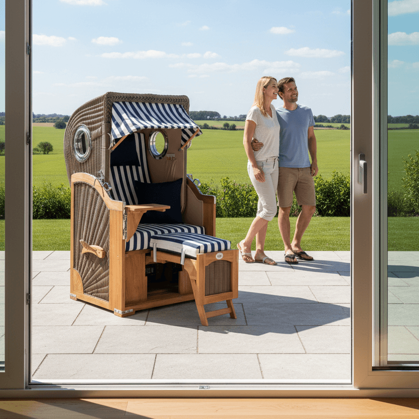 Strandkorb Mr. Deko Düne Bullaugen Teak PE-grey 1-Sitzer blau weiss auf moderner Terrasse mit Blick ins Grüne