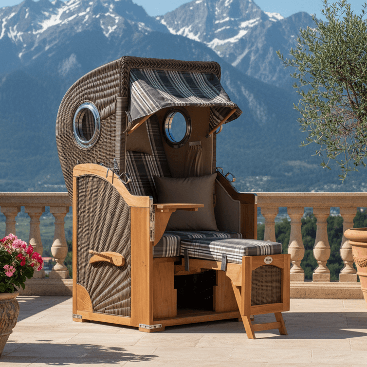 Strandkorb Mr. Deko Düne Bullaugen Teak PE-grey 1-Sitzer grau weiß auf Terrasse mit Alpenpanorama