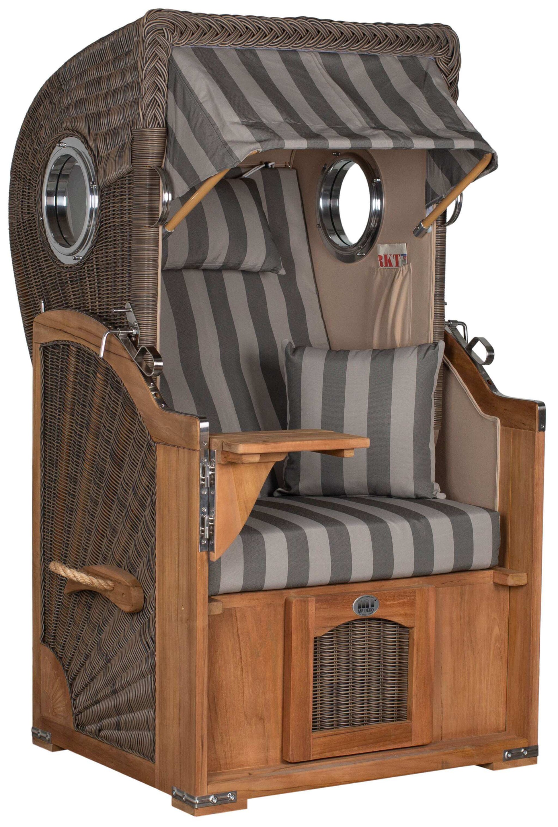 Strandkorb Mr. Deko Düne Bullaugen Teak PE-grey 1-Sitzer mit grau anthrazit Streifenpolsterung