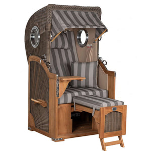 Strandkorb Mr. Deko Düne Bullaugen Teak PE-grey 1-Sitzer mit Fußteil und Bullaugen, Dessin 537 grau anthrazit