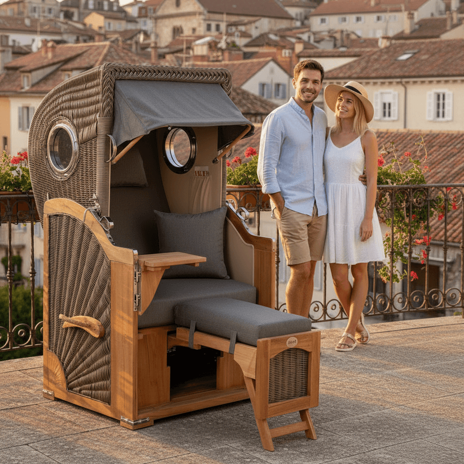Strandkorb Mr. Deko Düne Bullaugen Teak PE-grey 1-Sitzer anthrazit auf Terrasse mit Paar vor mediterraner Stadtkulisse