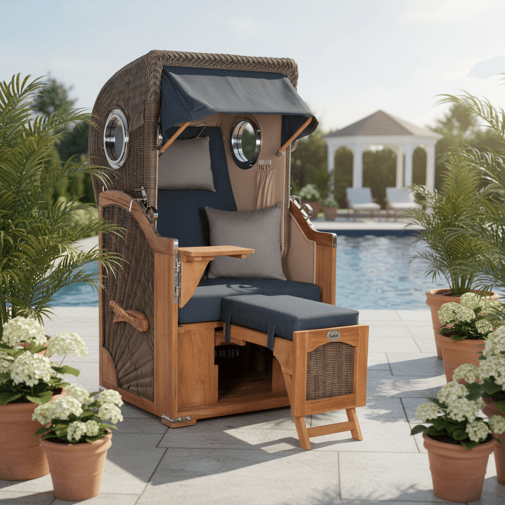 Strandkorb Mr. Deko Düne Bullaugen Teak PE-grey 1-Sitzer Dessin 593 am Pool auf Terrasse mit Pflanzen