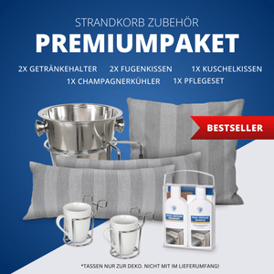 Strandkorb Zubehör Premiumpaket mit Kissen, Champagnerkühler, Getränkehaltern und Pflegeset, Bestseller Set für maximalen Strandkorbkomfort