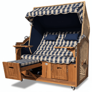 Strandkorb Prieß Modell Meister 7004 aus Iroko Holz mit PE Geflecht in Naturoptik und blau kariertem Stoffdessin, Größe wählbar