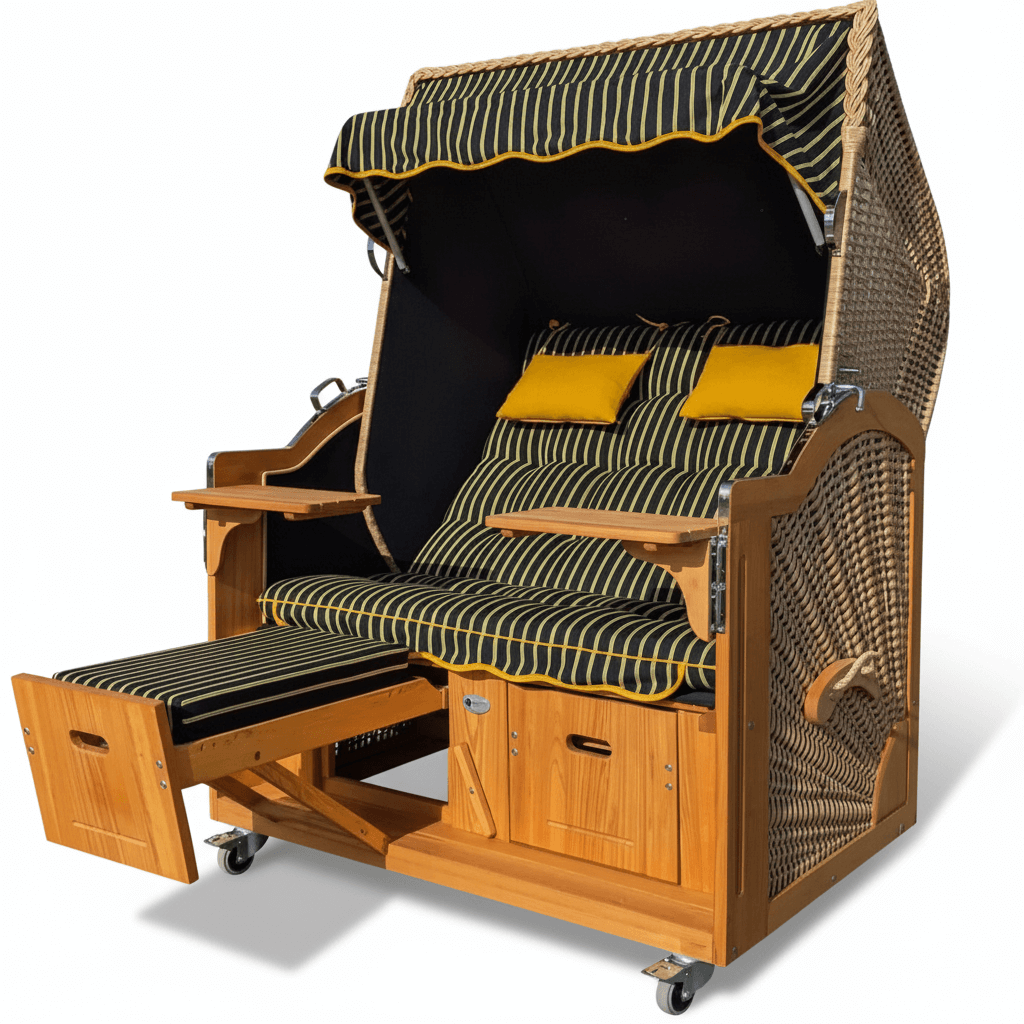 Strandkorb Prieß Modell Meister aus Lärchenholz mit PE-Geflecht in Naturoptik und schwarz-gelb gestreiftem Stoffdessin