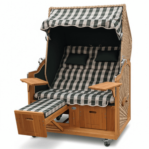 Strandkorb Prieß Modell Meister aus Lärchenholz mit PE-Geflecht in Naturoptik und grün kariertem Stoffdessin, zweisitzig, verstellbar