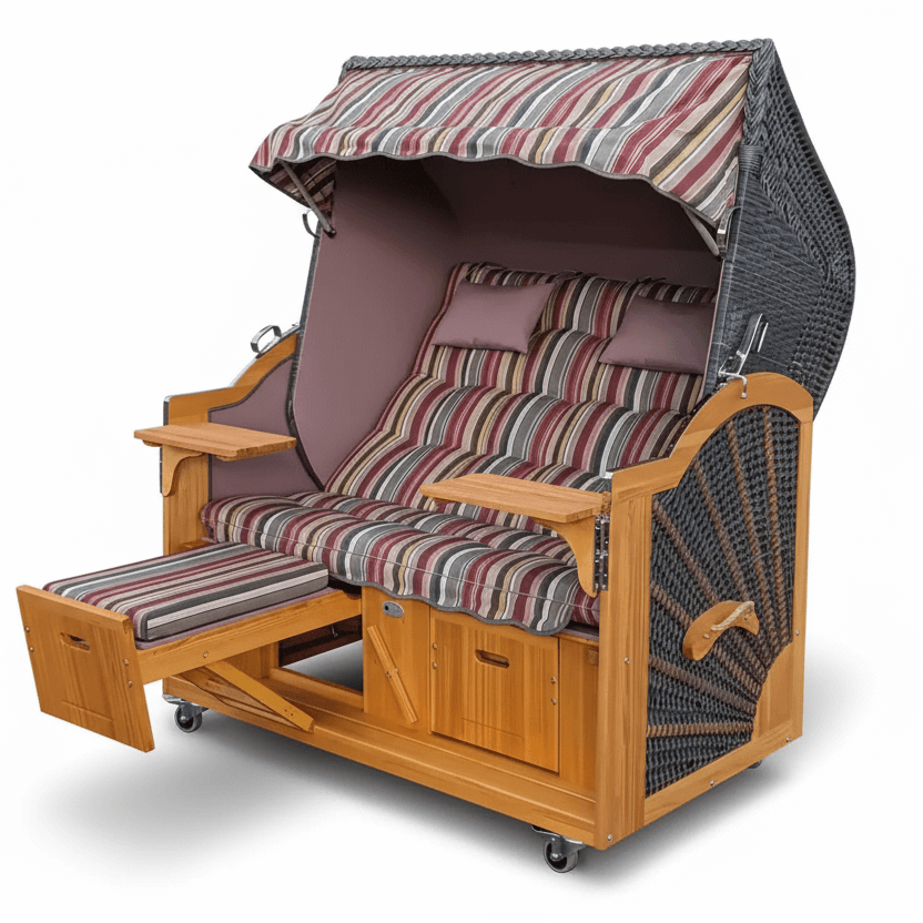 Strandkorb Prieß Modell Meister aus Lärchenholz mit dunkelgrauem PE-Geflecht und gestreiften Polstern, Größe frei wählbar