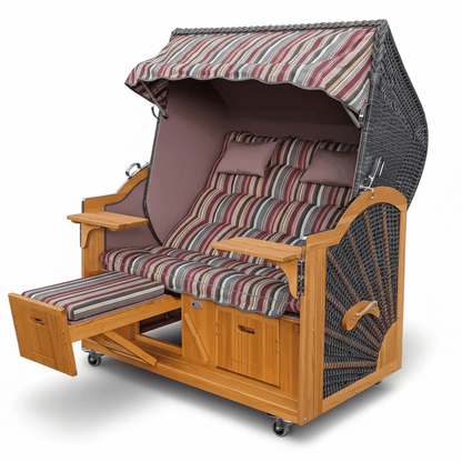 Strandkorb Prieß Modell Meister aus Lärchenholz mit dunkelgrauem PE-Geflecht und gestreiften Polstern, Größe frei wählbar