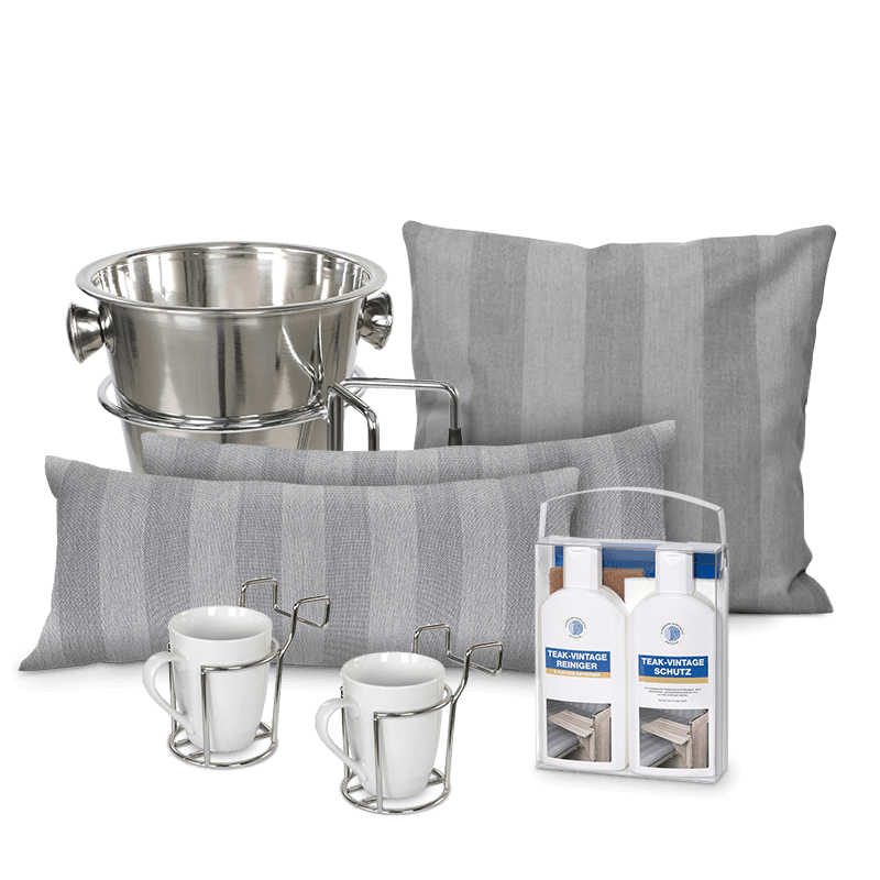 Premiumpaket Strandkorb Zubehör mit Kissen, Sektkühler, Tassen und Pflege-Set für luxuriösen Komfort am Strandkorb