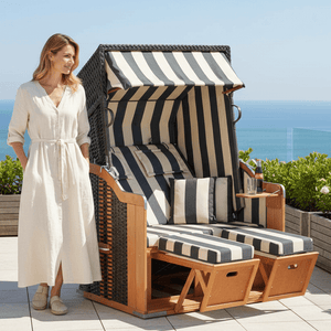 Strandkorb SunnySmart Rustikal 250 Plus anthrazit mit Dessin 1180 gestreift auf Terrasse mit Meerblick, 2-Sitzer Liegemodell