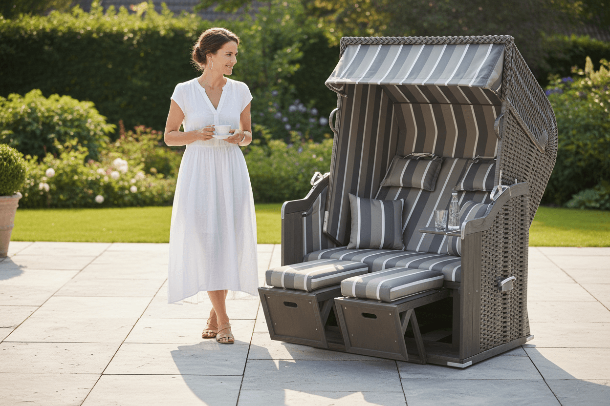 Frau im Garten mit Strandkorb SunnySmart Rustikal 250 Plus in anthrazit-grauem PVC-Geflecht, Dessin 1221, 2-Sitzer Liegemodell