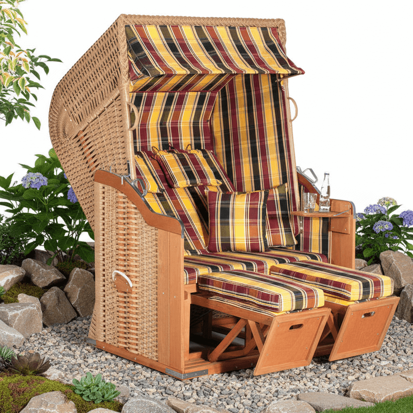 Strandkorb SunnySmart Rustikal 250 Plus beige mit gelb rot schwarzem Dessin 1216 als komfortabler 2-Sitzer im Garten